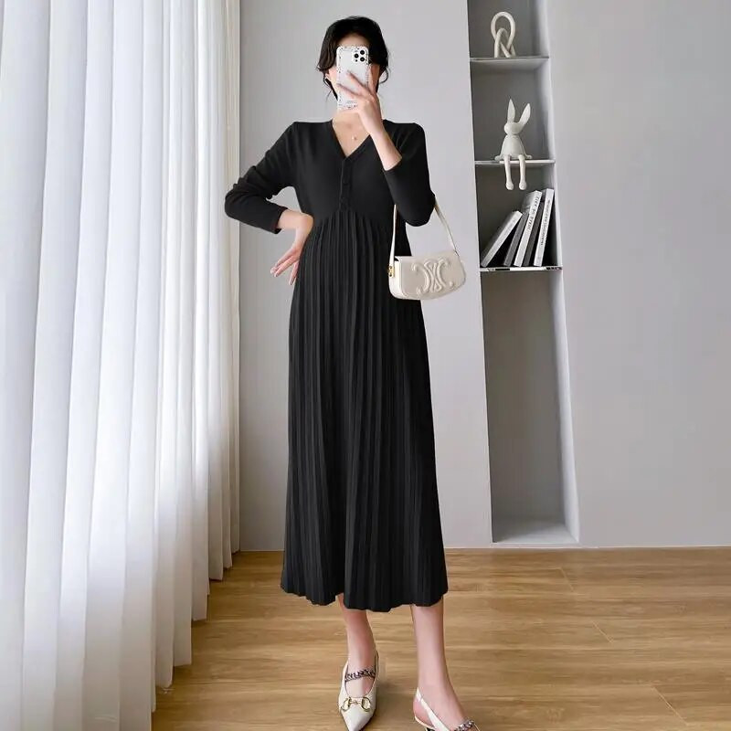 Őszi koreai kötött, hosszú ujjú, magas derekú patchwork, hajtogatott kismama ruha Divatos V-nyakú ruhák terhes nőknek Terhesség