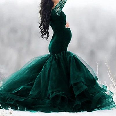 2021-es kismama ruhák fotózáshoz Lebegő farkú ruhák újévi vállgallérral Szexi ruhák terhes nőknek ruha