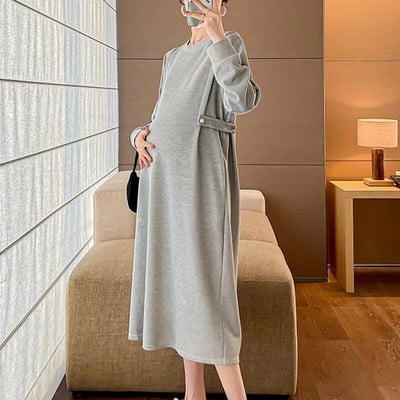 Haljine za trudnice Odjeća za trudnice Haljina s dugmadima s brodskim izrezom Proljeće Jesen Lagani vjetar Široke trudničke haljine