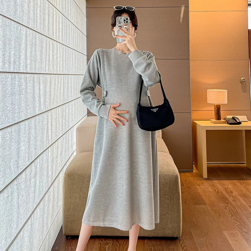 Haljine za trudnice Odjeća za trudnice Haljina s dugmadima s brodskim izrezom Proljeće Jesen Lagani vjetar Široke trudničke haljine