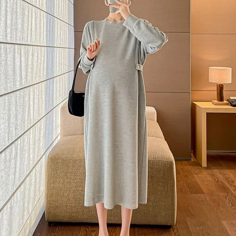 Haljine za trudnice Odjeća za trudnice Haljina s dugmadima s brodskim izrezom Proljeće Jesen Lagani vjetar Široke trudničke haljine