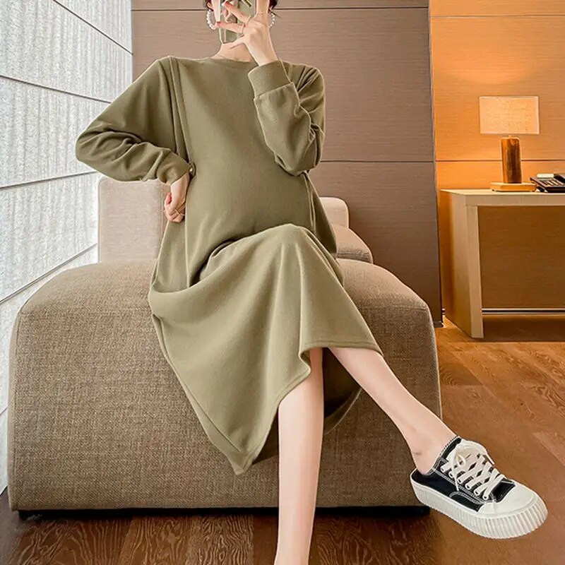 Haljine za trudnice Odjeća za trudnice Haljina s dugmadima s brodskim izrezom Proljeće Jesen Lagani vjetar Široke trudničke haljine