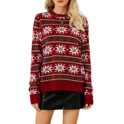 Ženski božićni deblji džemper s pahuljicama, pleteni džemper s printom na pruge, svečani svečani modni džemper dugih rukava, jednostavna džemper košulja