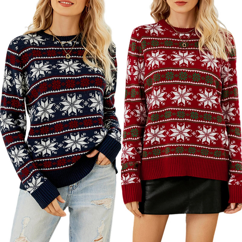 Ženski božićni deblji džemper s pahuljicama, pleteni džemper s printom na pruge, svečani svečani modni džemper dugih rukava, jednostavna džemper košulja
