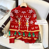 Jesenski i zimski debeli božićni pulover od pletiva Ženski pulover s okruglim izrezom Vanjska odjeća Široki pulover od pletiva
