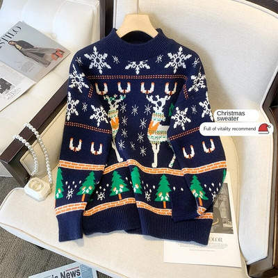 Jesenski i zimski debeli božićni pulover od pletiva Ženski pulover s okruglim izrezom Vanjska odjeća Široki pulover od pletiva