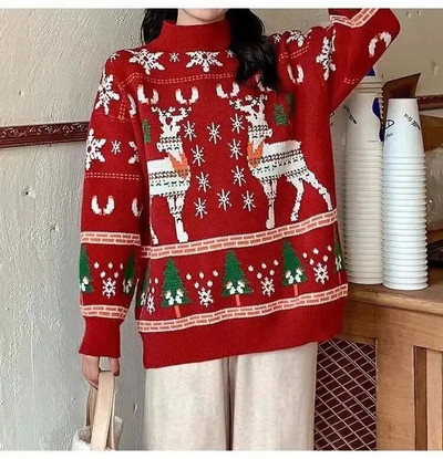Jesenski i zimski debeli božićni pulover od pletiva Ženski pulover s okruglim izrezom Vanjska odjeća Široki pulover od pletiva