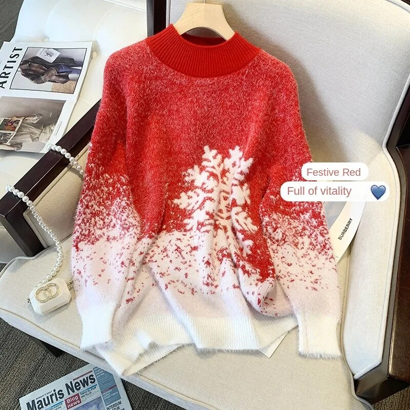 Jesenski i zimski debeli božićni pulover od pletiva Ženski pulover s okruglim izrezom Vanjska odjeća Široki pulover od pletiva