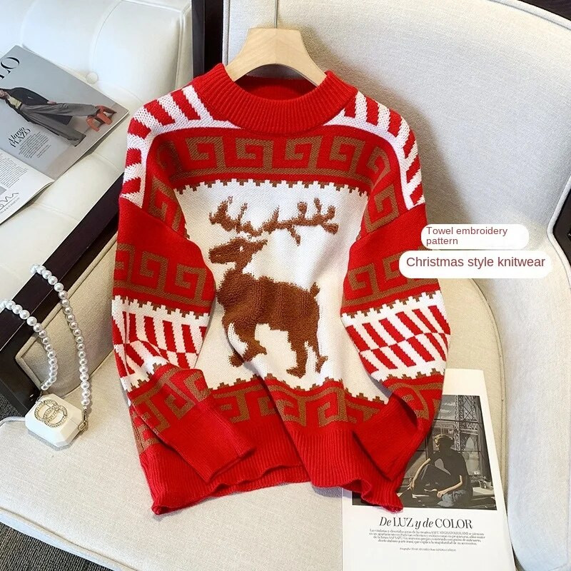 Jesenski i zimski debeli božićni pulover od pletiva Ženski pulover s okruglim izrezom Vanjska odjeća Široki pulover od pletiva