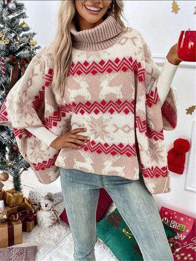 Božićni pulover s šišmiš rukavima s kontrastnim uzorkom losa s visokim ovratnikom