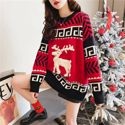 Nošenje džempera izvan Božića za ženske jesenske i zimske jesenske i zimske pulovere s jelenima Opušteni i lijeni pleteni top