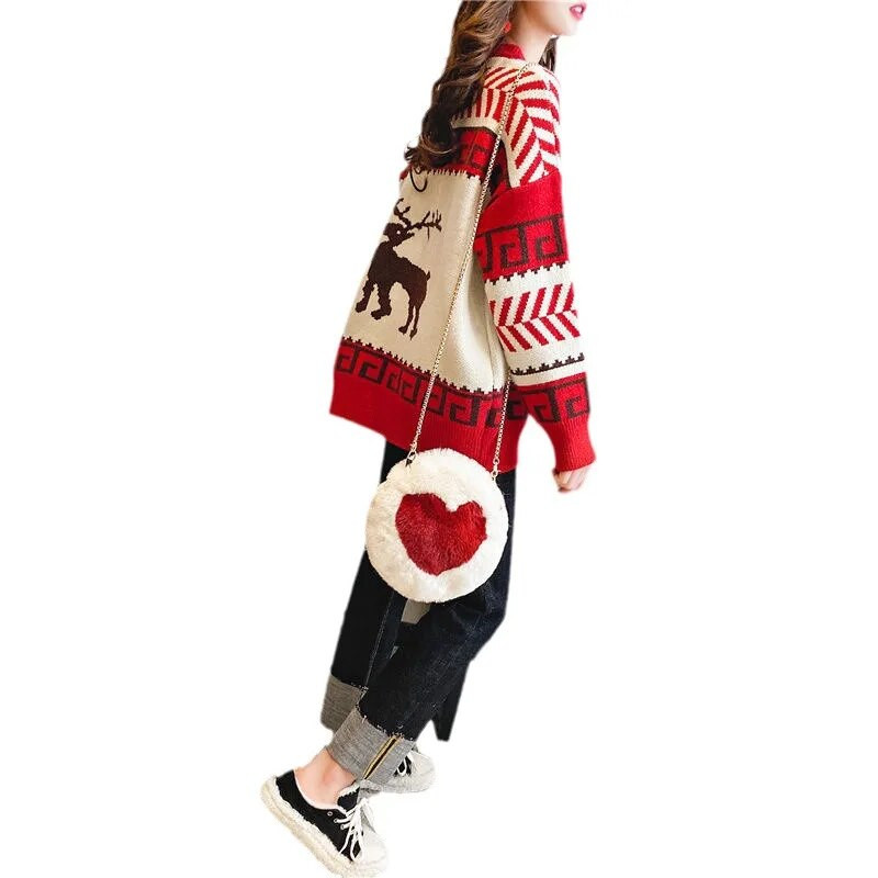 Nošenje džempera izvan Božića za ženske jesenske i zimske jesenske i zimske pulovere s jelenima Opušteni i lijeni pleteni top