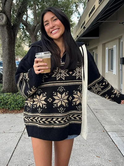 Modni ženski džemper s ovratnikom i patentnim zatvaračem s printom pahuljica, zimski preveliki pleteni pulover Labavi ženski božićni džemper dugih rukava