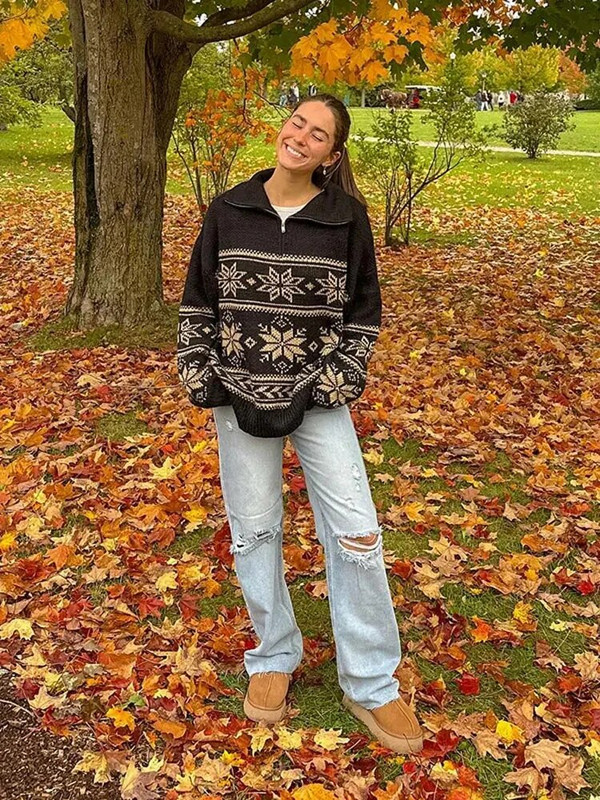 Modni ženski džemper s ovratnikom i patentnim zatvaračem s printom pahuljica, zimski preveliki pleteni pulover Labavi ženski božićni džemper dugih rukava