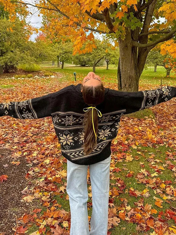 Modni ženski džemper s ovratnikom i patentnim zatvaračem s printom pahuljica, zimski preveliki pleteni pulover Labavi ženski božićni džemper dugih rukava