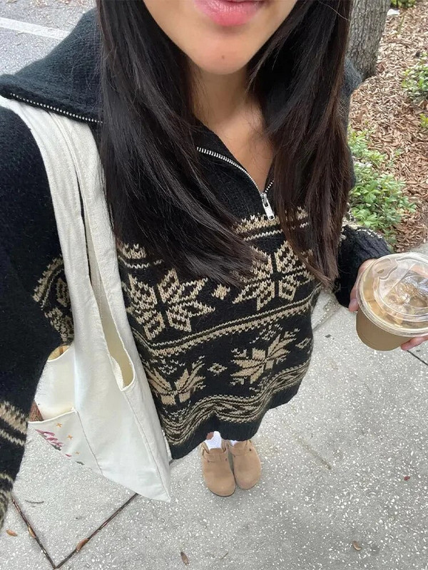 Modni ženski džemper s ovratnikom i patentnim zatvaračem s printom pahuljica, zimski preveliki pleteni pulover Labavi ženski božićni džemper dugih rukava