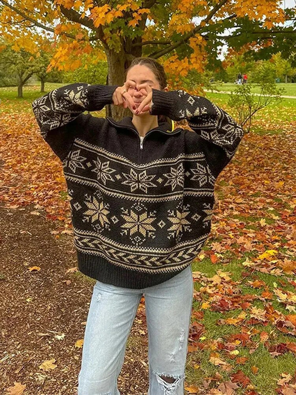 Modni ženski džemper s ovratnikom i patentnim zatvaračem s printom pahuljica, zimski preveliki pleteni pulover Labavi ženski božićni džemper dugih rukava