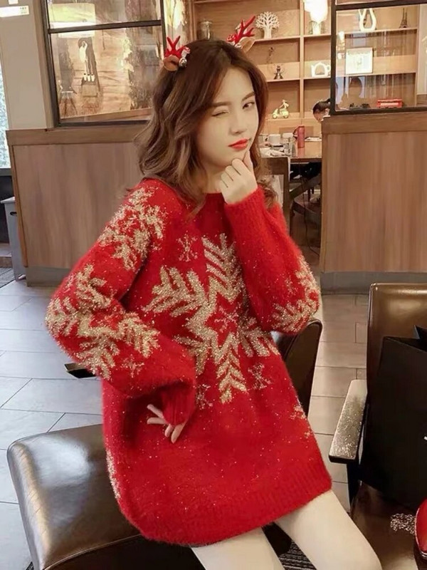 2023. Crveni božićni ženski džemper s pahuljama opušteno vani nosi lijeni vjetar svjetlucavi ženski džemper s pahuljama jesen i zima