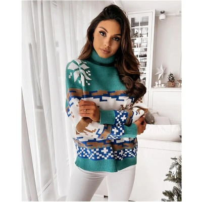 Ženski božićni džemperi s dolčevitima dugih rukava s uzorkom pahuljica losa Široke pletene majice Ženski puloveri Ulična odjeća Jesen