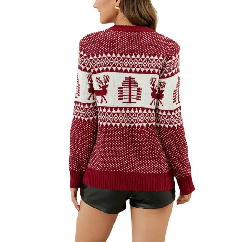 Rudens un ziemas sieviešu džemperis ar apaļu kakla kontrastu Polka dot karikatūra Ziemassvētku skrūvējama vītne ar garām piedurknēm džemperis trikotāžas topi