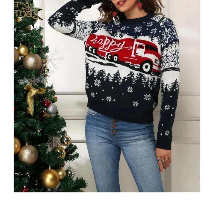 Φθινοπωρινό και χειμερινό πουλόβερ γυναικείο πουλόβερ με στρογγυλή λαιμόκοψη Κλωστή με βίδα γεωμετρίας αντίθεσης Χριστουγεννιάτικο μακρυμάνικο πουλόβερ πλεκτό casual μπλουζάκια