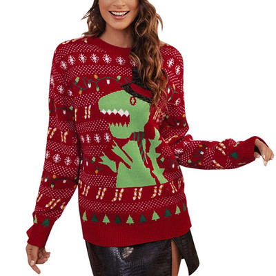 Žalias dinozauras, moteriškas rudens kalėdinis megztinis Animacinis filmas apvalia kaklą bjaurus megztinis Laisvas megztinis megztinis ilgomis rankovėmis moteriškas drabužis