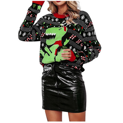 Žalias dinozauras, moteriškas rudens kalėdinis megztinis Animacinis filmas apvalia kaklą bjaurus megztinis Laisvas megztinis megztinis ilgomis rankovėmis moteriškas drabužis