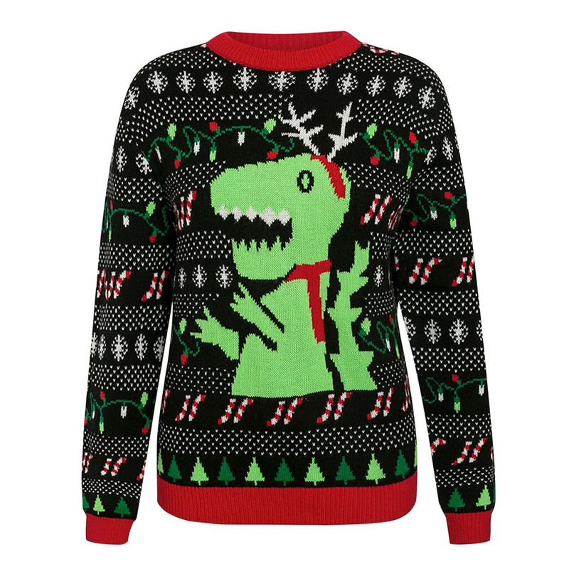 Žalias dinozauras, moteriškas rudens kalėdinis megztinis Animacinis filmas apvalia kaklą bjaurus megztinis Laisvas megztinis megztinis ilgomis rankovėmis moteriškas drabužis
