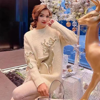 Jesen i zima, novi jednobojni božićni jarko svijetli svileni lijeni stil srednje dužine, labavi dijamantno crveni džemper za teške uvjete rada za žene YL39