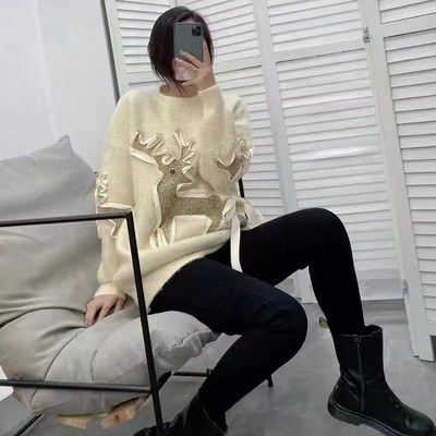 Jesen i zima, novi jednobojni božićni jarko svijetli svileni lijeni stil srednje dužine, labavi dijamantno crveni džemper za teške uvjete rada za žene YL39