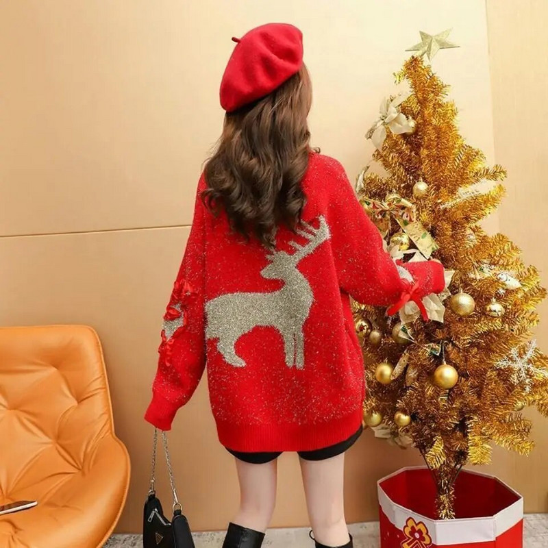 Jesen i zima, novi jednobojni božićni jarko svijetli svileni lijeni stil srednje dužine, labavi dijamantno crveni džemper za teške uvjete rada za žene YL39