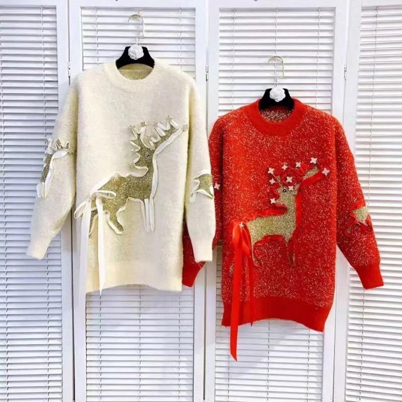 Jesen i zima, novi jednobojni božićni jarko svijetli svileni lijeni stil srednje dužine, labavi dijamantno crveni džemper za teške uvjete rada za žene YL39