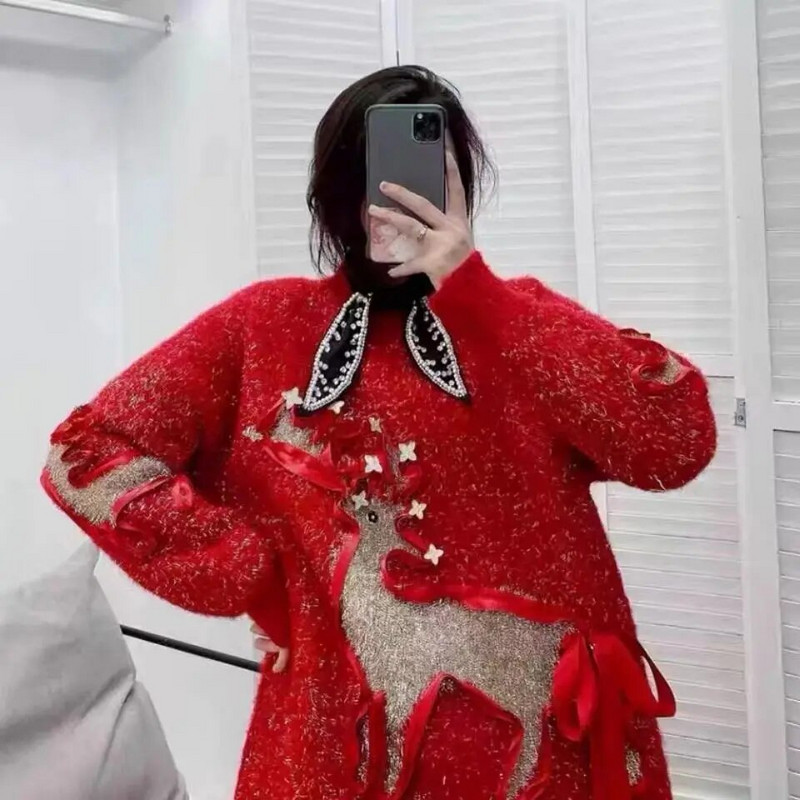 Jesen i zima, novi jednobojni božićni jarko svijetli svileni lijeni stil srednje dužine, labavi dijamantno crveni džemper za teške uvjete rada za žene YL39