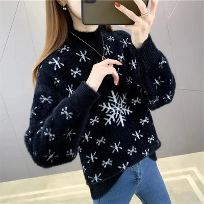 Félig garbó karácsonyi hópehely utánzat Mink plusz bársonyos női pulóver 2022 ősz tél új vastag alsó ing