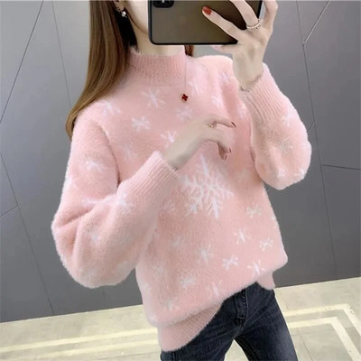 Félig garbó karácsonyi hópehely utánzat Mink plusz bársonyos női pulóver 2022 ősz tél új vastag alsó ing