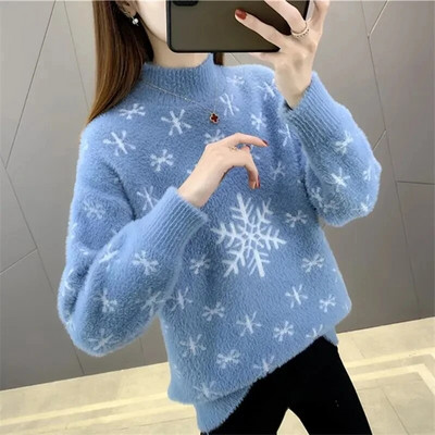 Félig garbó karácsonyi hópehely utánzat Mink plusz bársonyos női pulóver 2022 ősz tél új vastag alsó ing