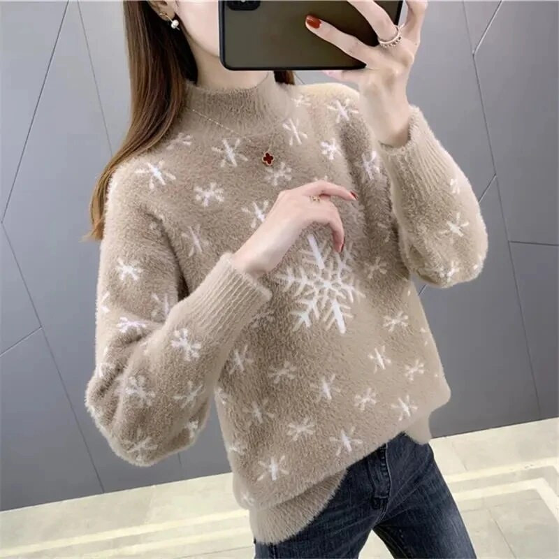 Félig garbó karácsonyi hópehely utánzat Mink plusz bársonyos női pulóver 2022 ősz tél új vastag alsó ing