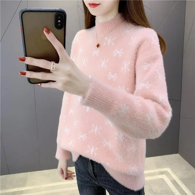 Félig garbó karácsonyi hópehely utánzat Mink plusz bársonyos női pulóver 2022 ősz tél új vastag alsó ing