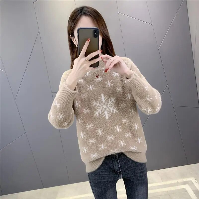 Félig garbó karácsonyi hópehely utánzat Mink plusz bársonyos női pulóver 2022 ősz tél új vastag alsó ing