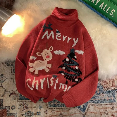 Vintage crtani jeleni s vezom Božićni estetski džemper s dolčevitom Topla zimska majica s dugim rukavima Kawaii tinejdžerska korejska moda