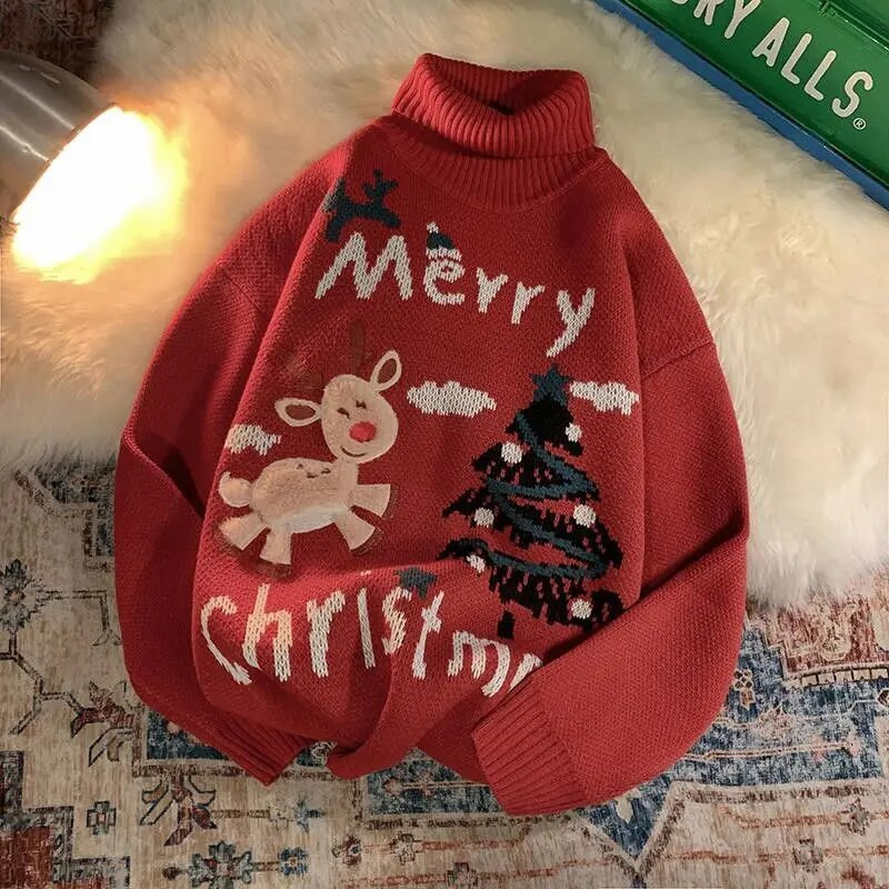 Vintage crtani jeleni s vezom Božićni estetski džemper s dolčevitom Topla zimska majica s dugim rukavima Kawaii tinejdžerska korejska moda