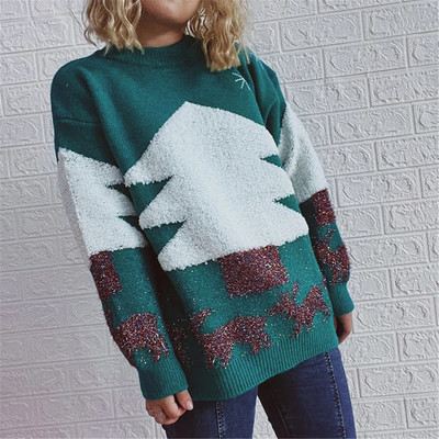 Jesen Zima Božićni džemperi Lagani vintage elegantni gornji pulover Ženski okrugli izrez Pletiva s božićnim printom