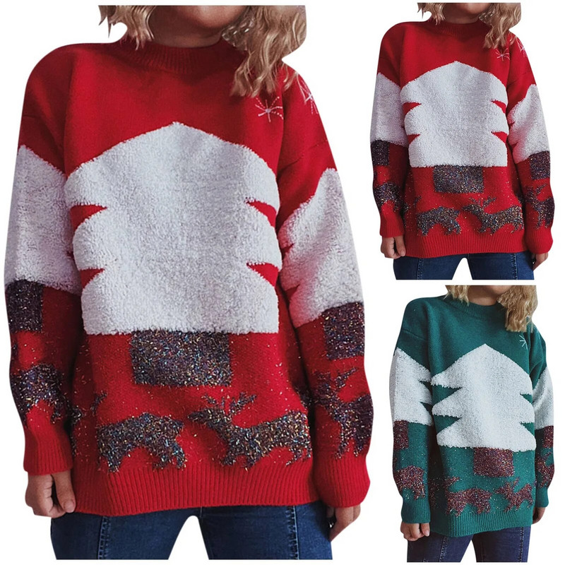 Jesen Zima Božićni džemperi Lagani vintage elegantni gornji pulover Ženski okrugli izrez Pletiva s božićnim printom