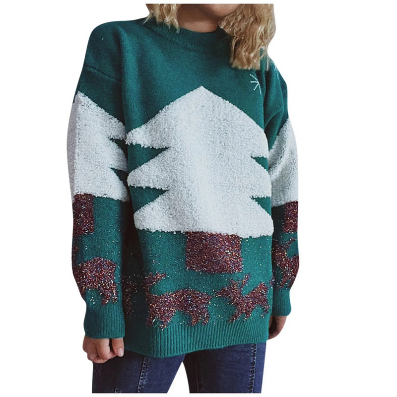 Jesen Zima Božićni džemperi Lagani vintage elegantni gornji pulover Ženski okrugli izrez Pletiva s božićnim printom
