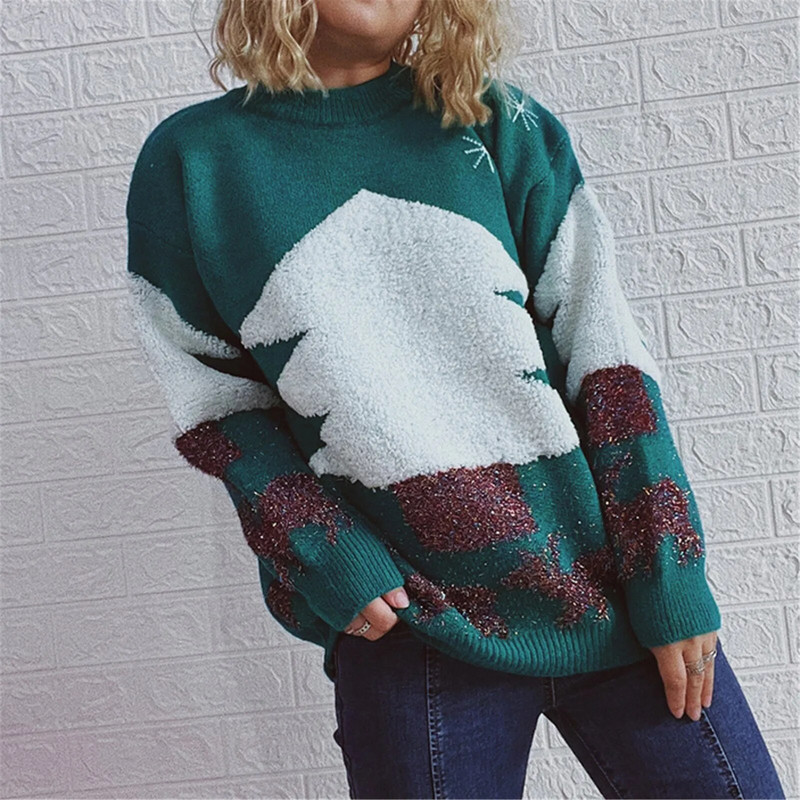 Jesen Zima Božićni džemperi Lagani vintage elegantni gornji pulover Ženski okrugli izrez Pletiva s božićnim printom