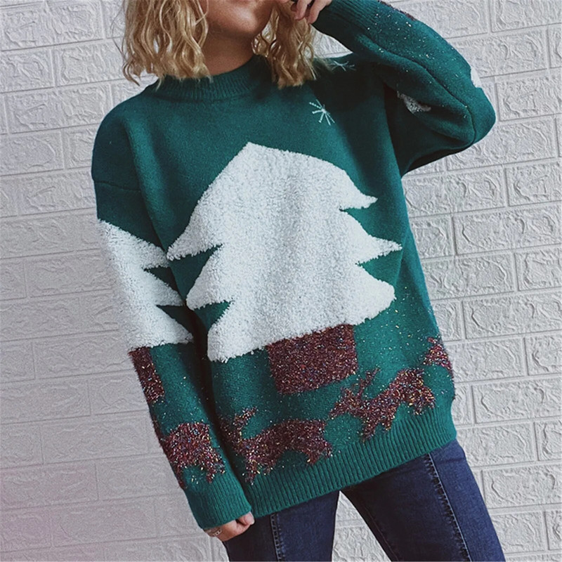 Jesen Zima Božićni džemperi Lagani vintage elegantni gornji pulover Ženski okrugli izrez Pletiva s božićnim printom
