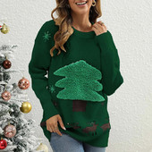 Jesen Zima Božićni pulover 2023 Novogodišnje drvce Pahuljica Jacquard Pulover s okruglim izrezom Ležeran pulover dugih rukava