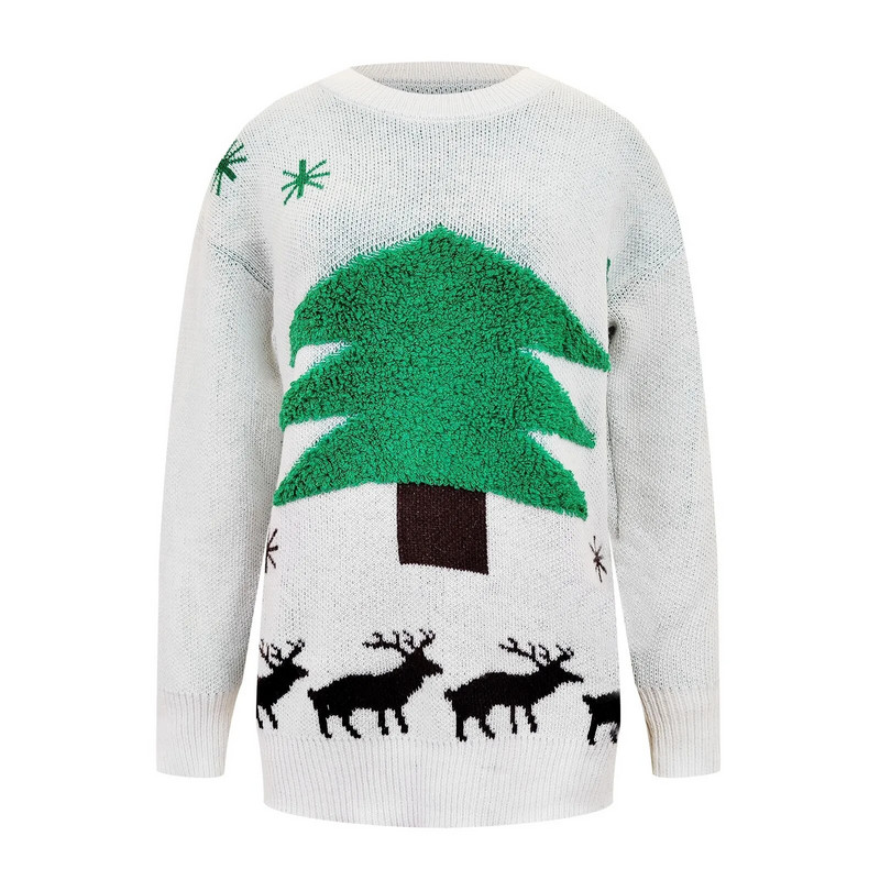 Jesen Zima Božićni pulover 2023 Novogodišnje drvce Pahuljica Jacquard Pulover s okruglim izrezom Ležeran pulover dugih rukava