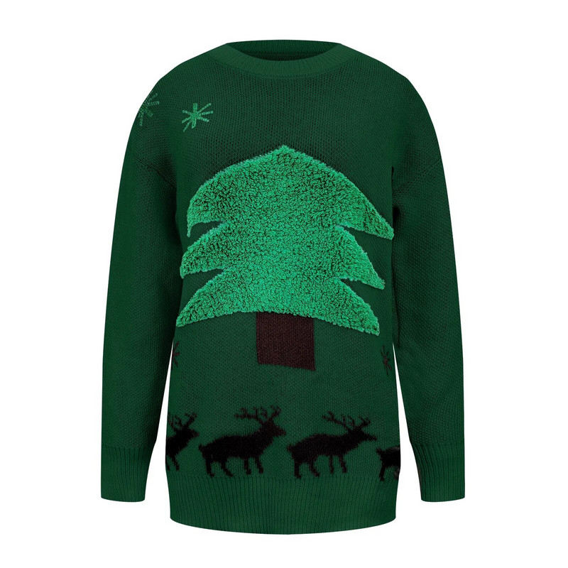 Jesen Zima Božićni pulover 2023 Novogodišnje drvce Pahuljica Jacquard Pulover s okruglim izrezom Ležeran pulover dugih rukava