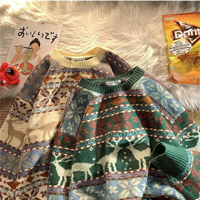 Ružni božićni pulover s jelenima, pleteni preveliki puloveri, mekani, topli, kvalitetni Harajuku festival, O-izrez, vintage ležerna muška odjeća